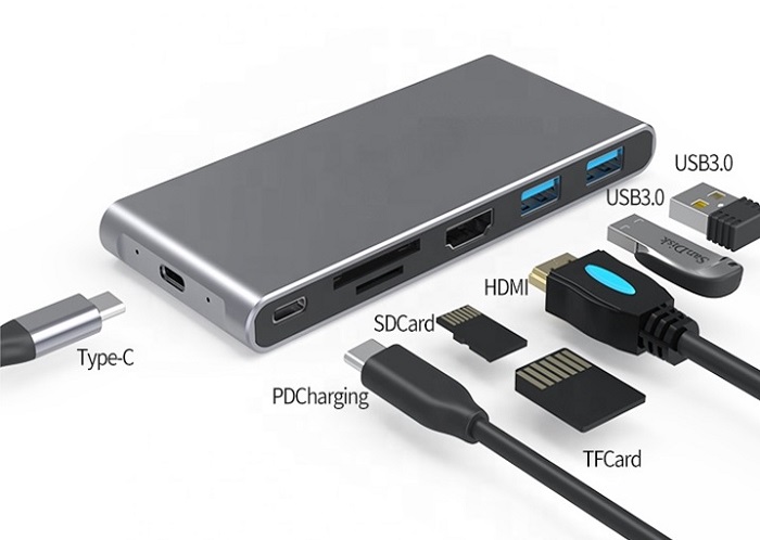 Adapteris USB-C - HDMI, 2x USB 3.0, SD, TF, PD60W + M.2 NGFF SSD dėklas