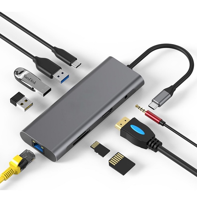 Adapteris USB Type-C -HDMI, LAN, 3x USB Type-A, SD, TF, USB Type-C PD60W, Aux