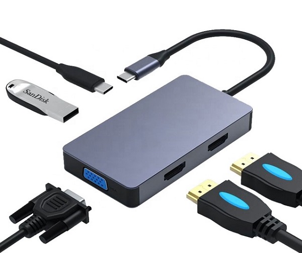 Adapteris USB Type-C - 2x HDMI, 1x VGA, 1x USB Type-A, 1x USB Type-C PD60W