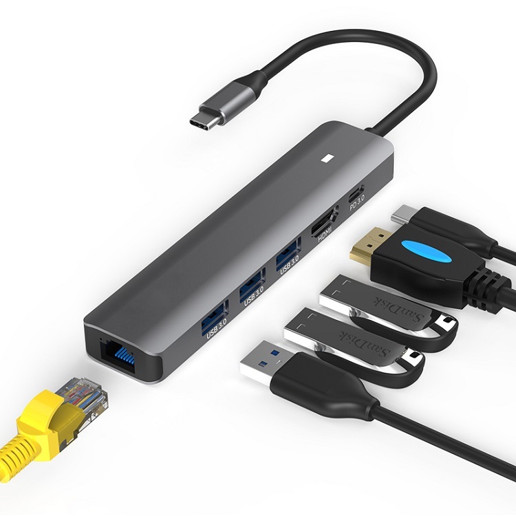 Adapteris USB Type-C - HDMI, LAN, 3x USB 3.0 Type-A, USB Type-C PD100W