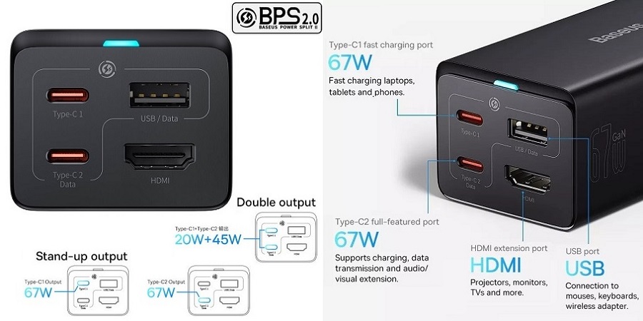 Kroviklis BASEUS GaN 2x USB-C, USB-A, HDMI 4K, 67W, PPS, PD, QC, USB4
